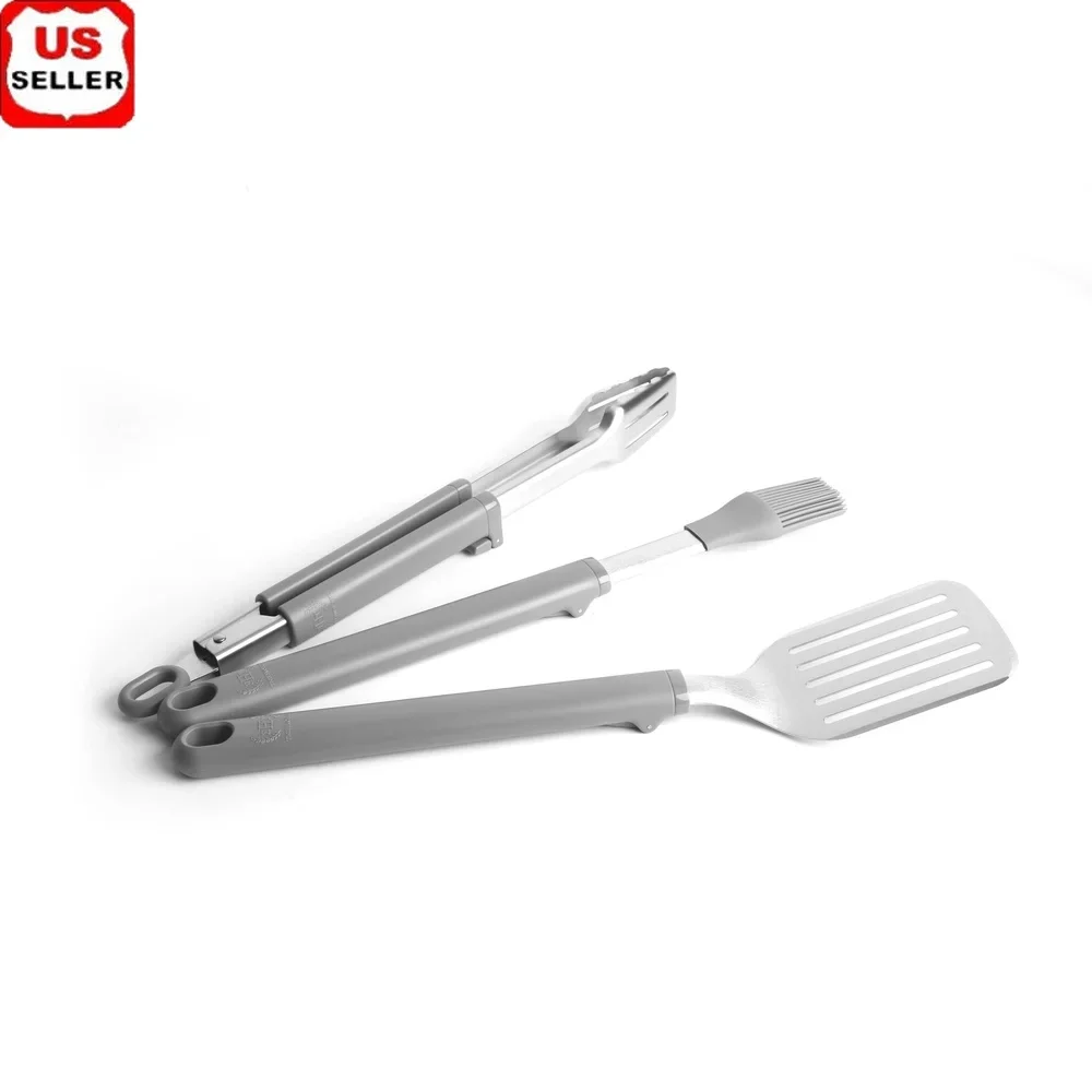 

3 Piece Stainless Steel BBQ Tool Set Grilling Tongs Large Spatula Basting Brush Ergonomic Soft Grip Dishwasher Safe Perfect