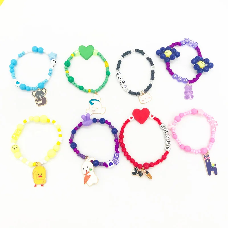 Pulsera elástica con cuentas de resina del ejército Kpop Bangtan para niños, cuerda con letras, animales de dibujos animados, JK V SUGA, joyería de moda