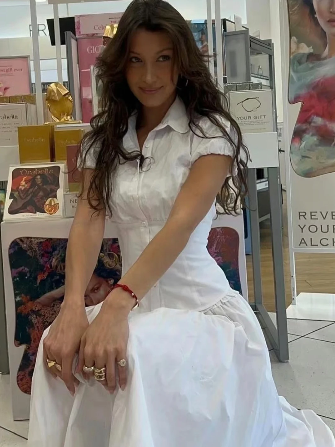 

Женская винтажная приталенная рубашка Bella с коротким рукавом, белая, для похудения, с отложным воротником, повседневная, с рукавами-фонариками