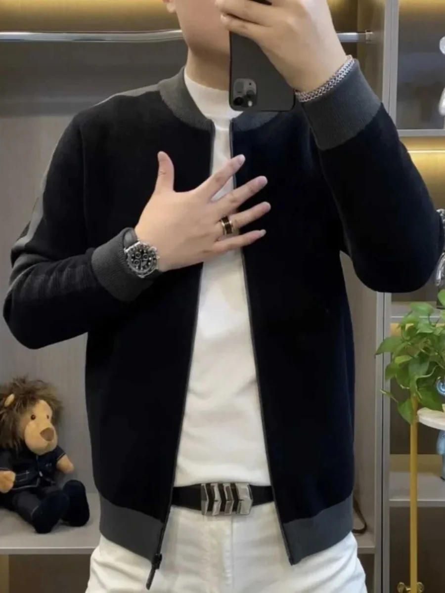 

Faionable Knitted Baseball Collar Sweater Men's Slim Fit Color Blo Autumn Winter New Sle Casual Versatile Long Sve S...