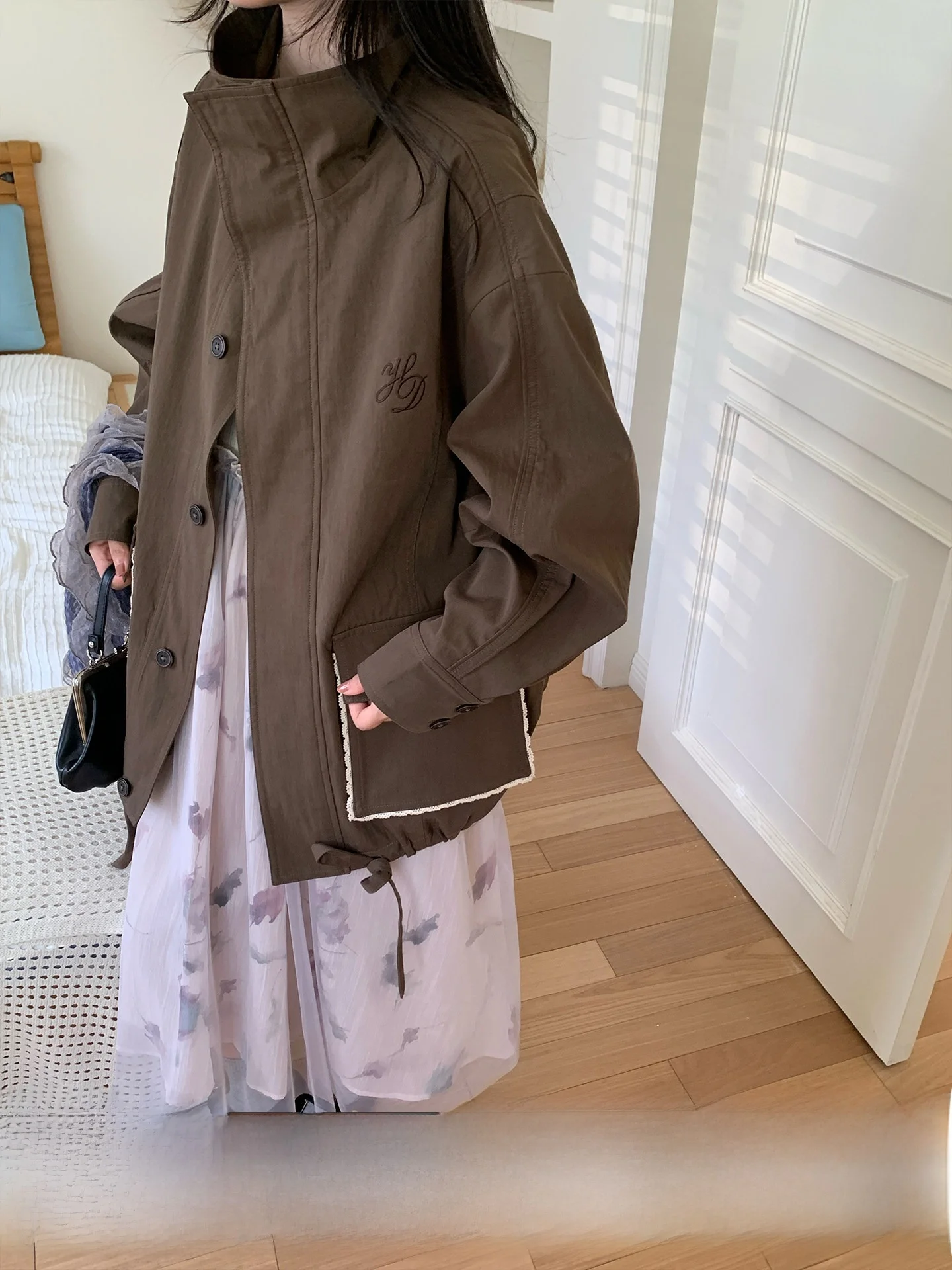 

Holid Map Brown Retro Versatile Large ket Color Blo Embroidery Stand Collar Jaet Women's Sle Autumn Seasonal Faion