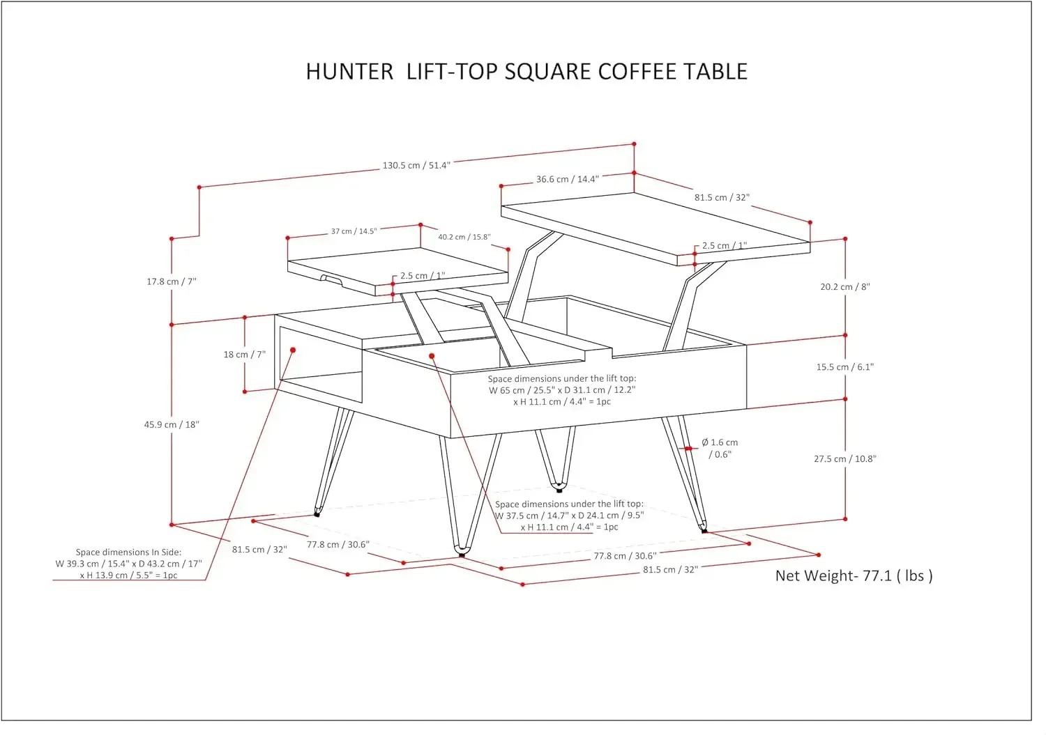 Hunter SOLID MANGO WOOD and Metal 32 inch Wide Square Industrial Contemporary Lift Top Coffee Table in Natural