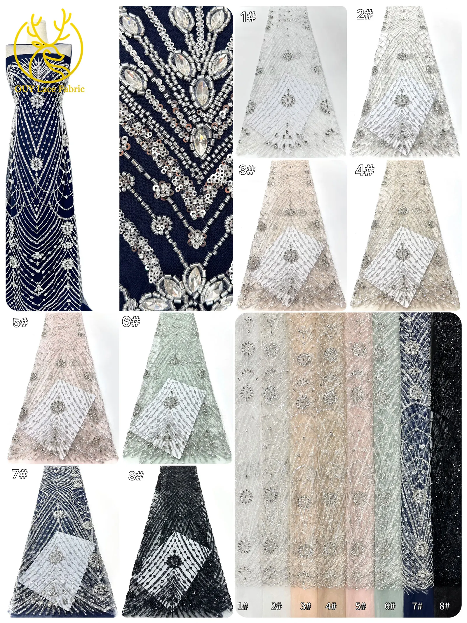 Lo último en tela de encaje de diamantes con cuentas africanas hechas a mano, lujoso vestido de novia de tela de encaje transparente azul marino con lentejuelas nigerianas 2026