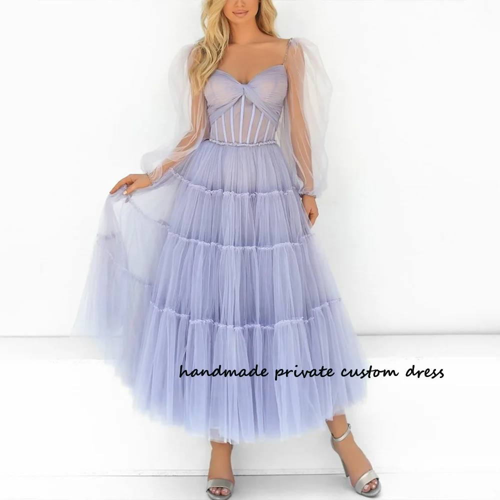 

Lavender Tulle A Line Prom Party Dresses Puff Long Sleeve Corset Evening Prom Gowns Tea Length Homecoming Graduation Dress