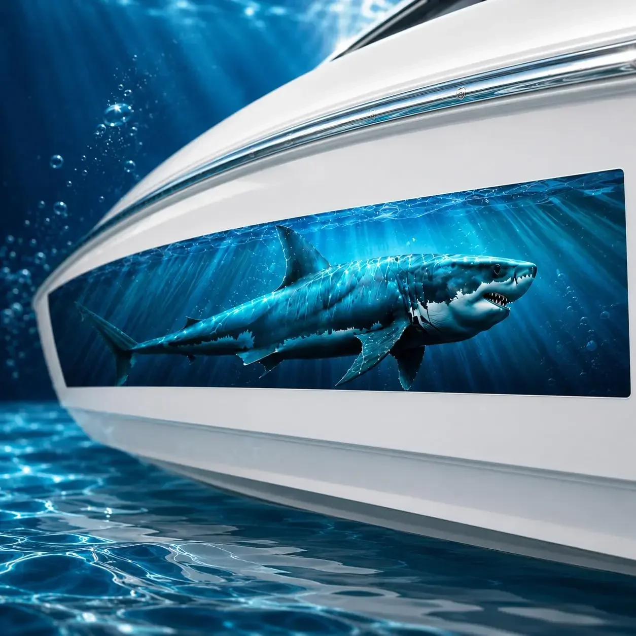 Boat Hull Side Decal Set, Blue Shark Underwater Marine Graphic Stickers, 2-Piece Decorative Side Wrap for Motorboats