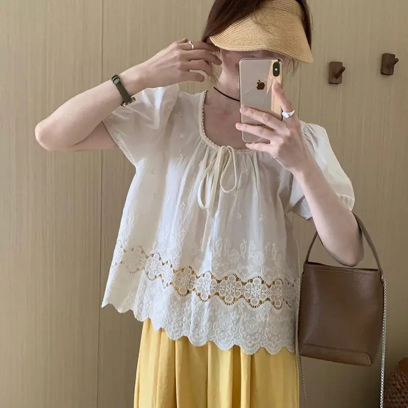 

Ladies Summer Fashion Simplicity All-match Drawstring Solid Color O-neck Short Sleeve Tops Women Clothing Two-piece Set Suit