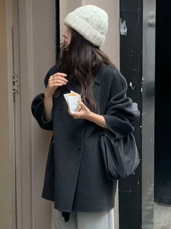 Retro Woolen Coat Women's Loose Silhouette Small Size Turn-down Collar Coat Korean Style Autumn Winter New Arrival