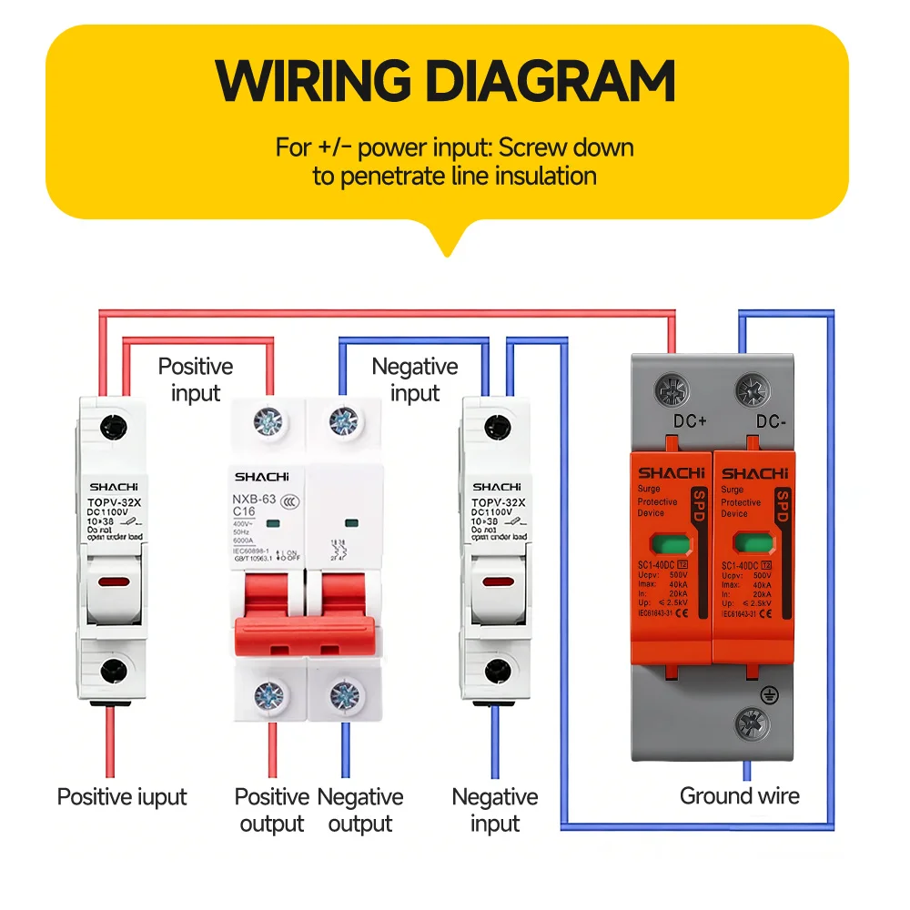 SHACHI DC SPD 20KA 40KA Surge Protective Device 500V 600V 800V 1000V Voltage Protector Solar PV Photovoltaic Lightning Arrester