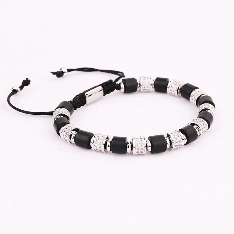 New Luxury Natural Stone CZ Pave Tube Charm Matte Onyx Beads Friendship Adjustable Bracelet For Men Jewelry Gift