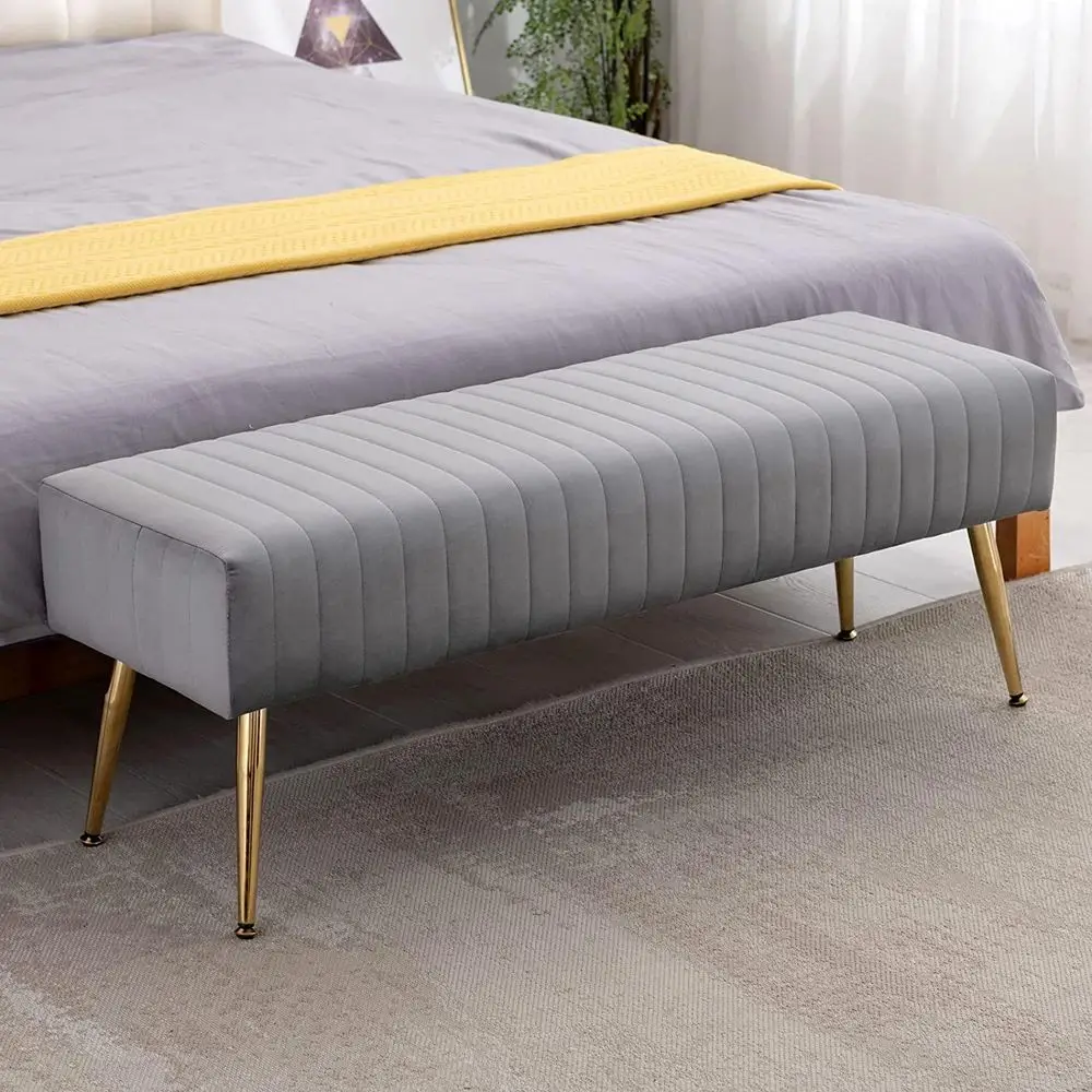 44.75 Gray End Of Bed Bench Modern Tufted Velvet Ottoman Bench With Gold Legs Upholstered Vanity Bench Luxurious Entryway Bench