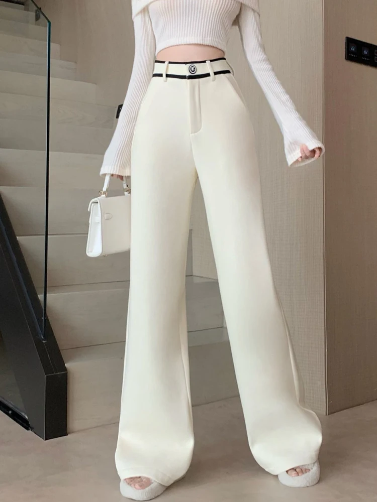 Thick cashmere wide leg pants women's autumn and winter design sense contrasting color high waist loose floor length pants