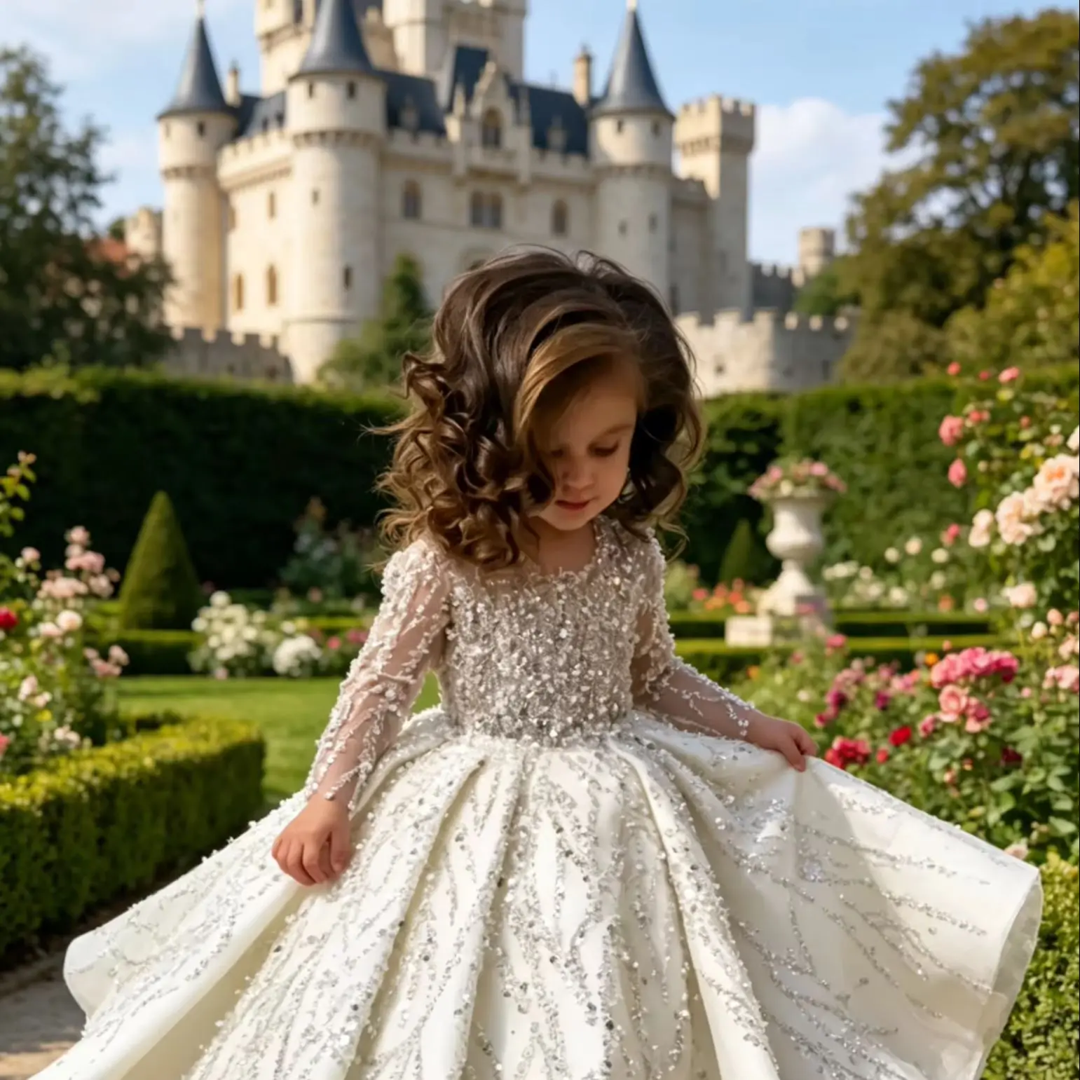 Glänzende Blumenmädchenkleider für die Hochzeit, volle Ärmel, Pailletten, bodenlang, für Kinder, Party, Geburtstag, Erstkommunion, individuell gestaltet