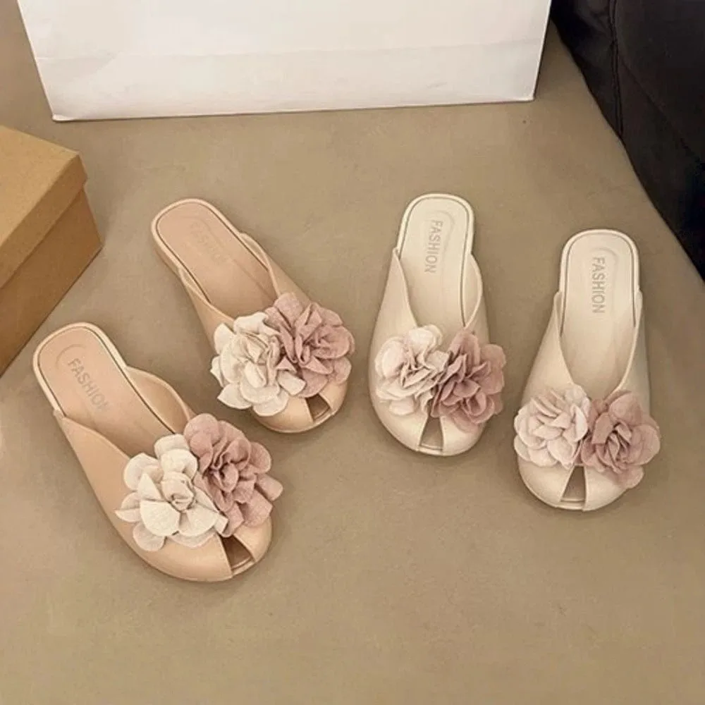 3D Flowers Women's Slippers Non-Slip French Style Summer Beach Sandals Lightweight Sweet Platform Slippers Everyday Outfits