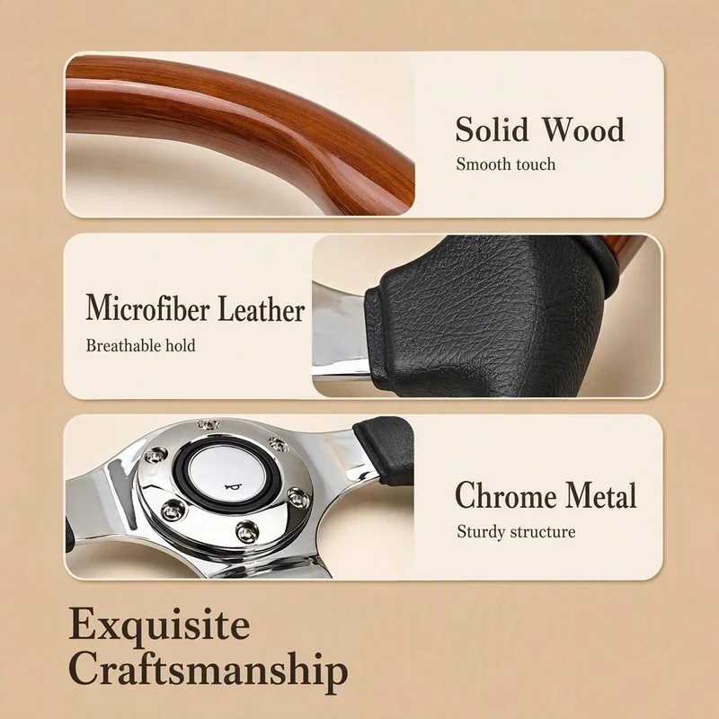 High Quality Vintage Solid Wood Racing Steering Wheel With Microfiber Leather Grip And Three Spoke Interior Accessory