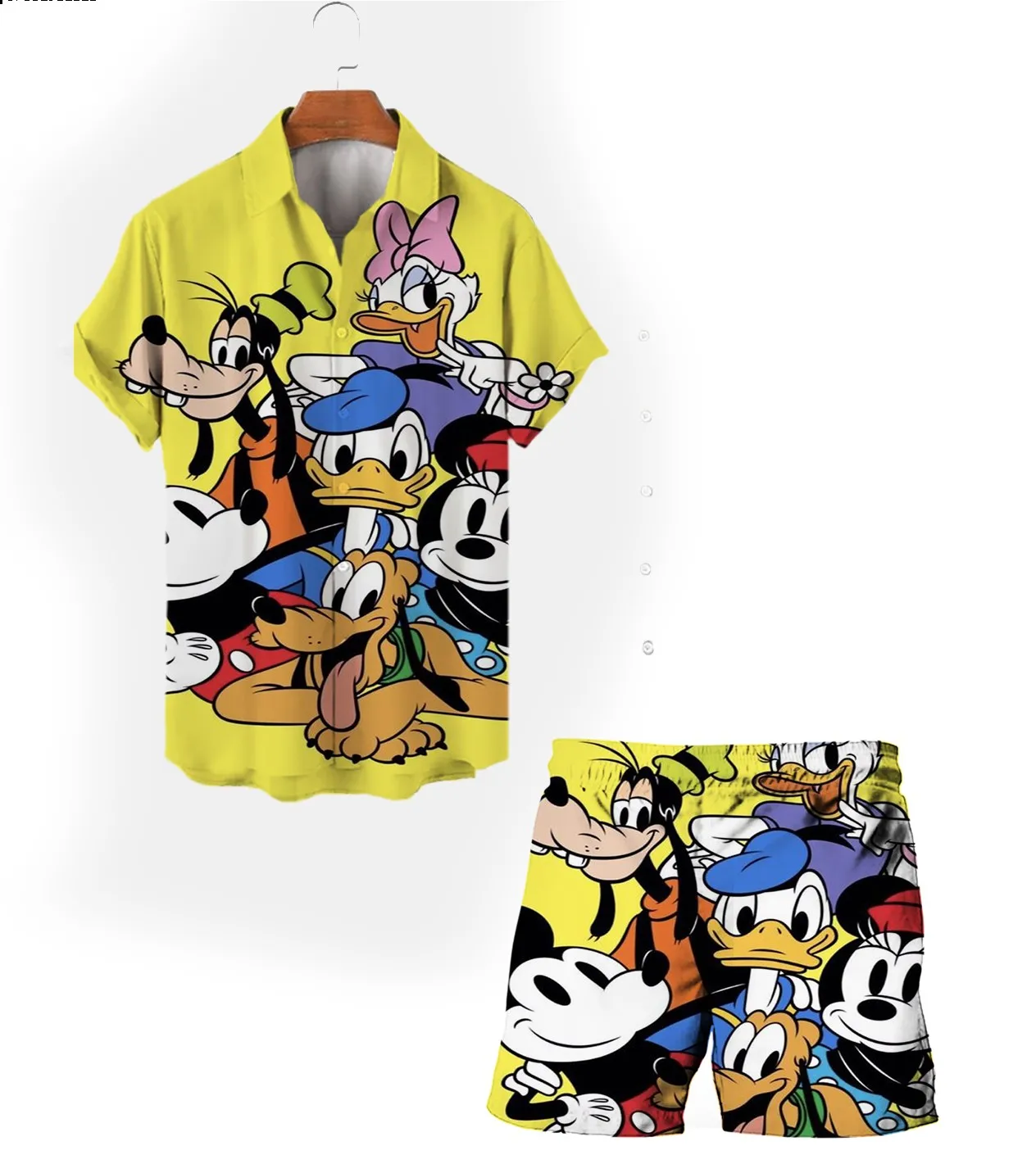 Donald Duck Mickey Cartoon Summer Street Casual Suit Fashion Hot Selling New Men\'s Lapel Short Sleeve Shirt Beach Shorts