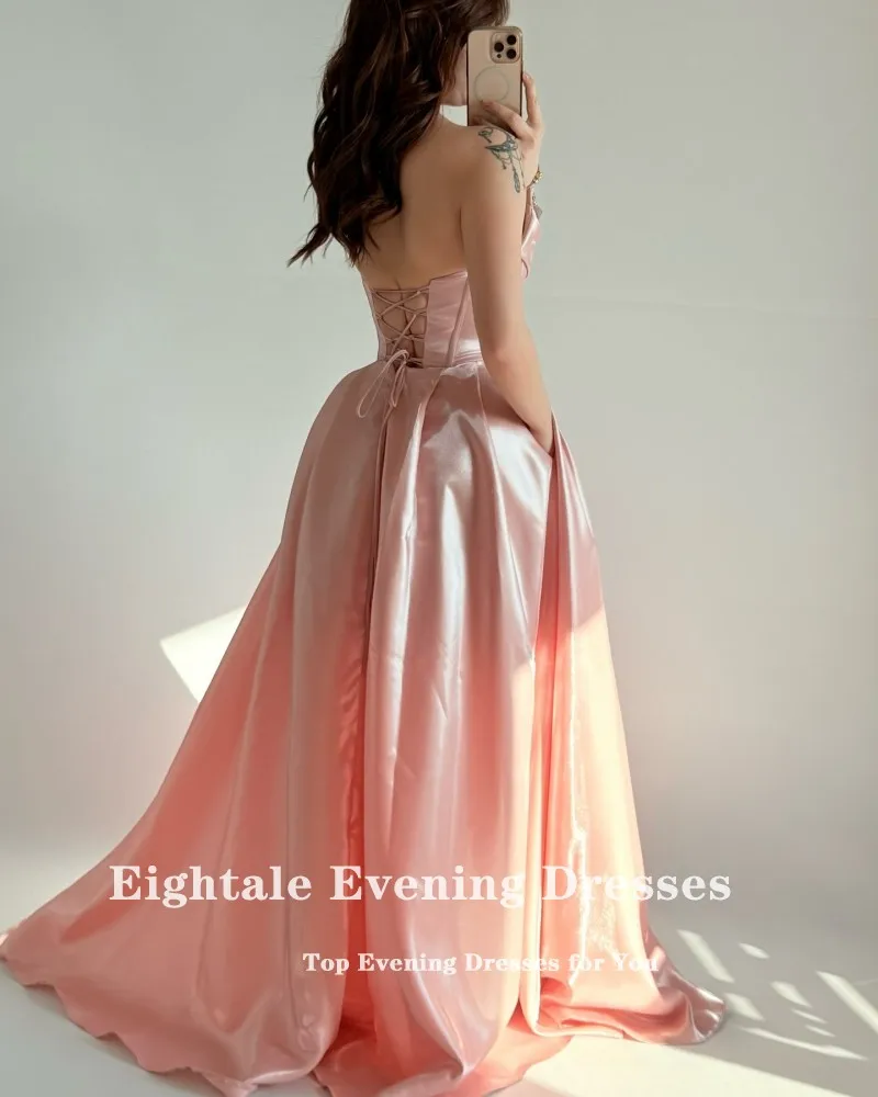 Eightale ピーチイブニングドレス ストラップレス ビーズ スパンコール カスタマイズ フロアレングス A ライン サテン プロム ウェディング パーティー ドレス