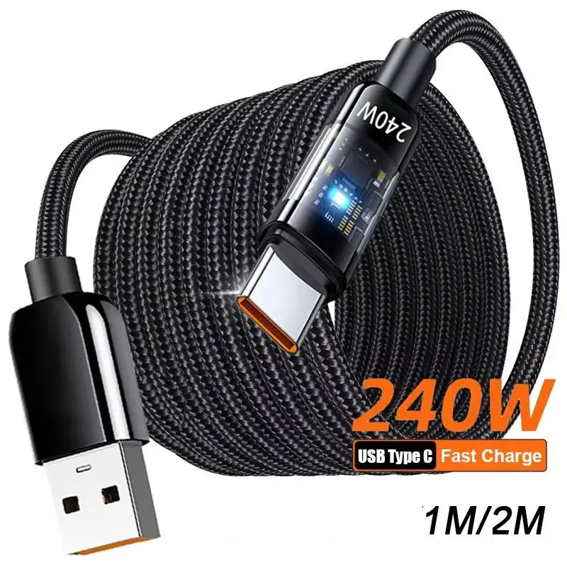 Transparent 10A 240W USB A To Type C Cable for Samsung Huawei Xiaomi Laptop Tablet Fast Charging Nylon Braided Type C Data Cord
