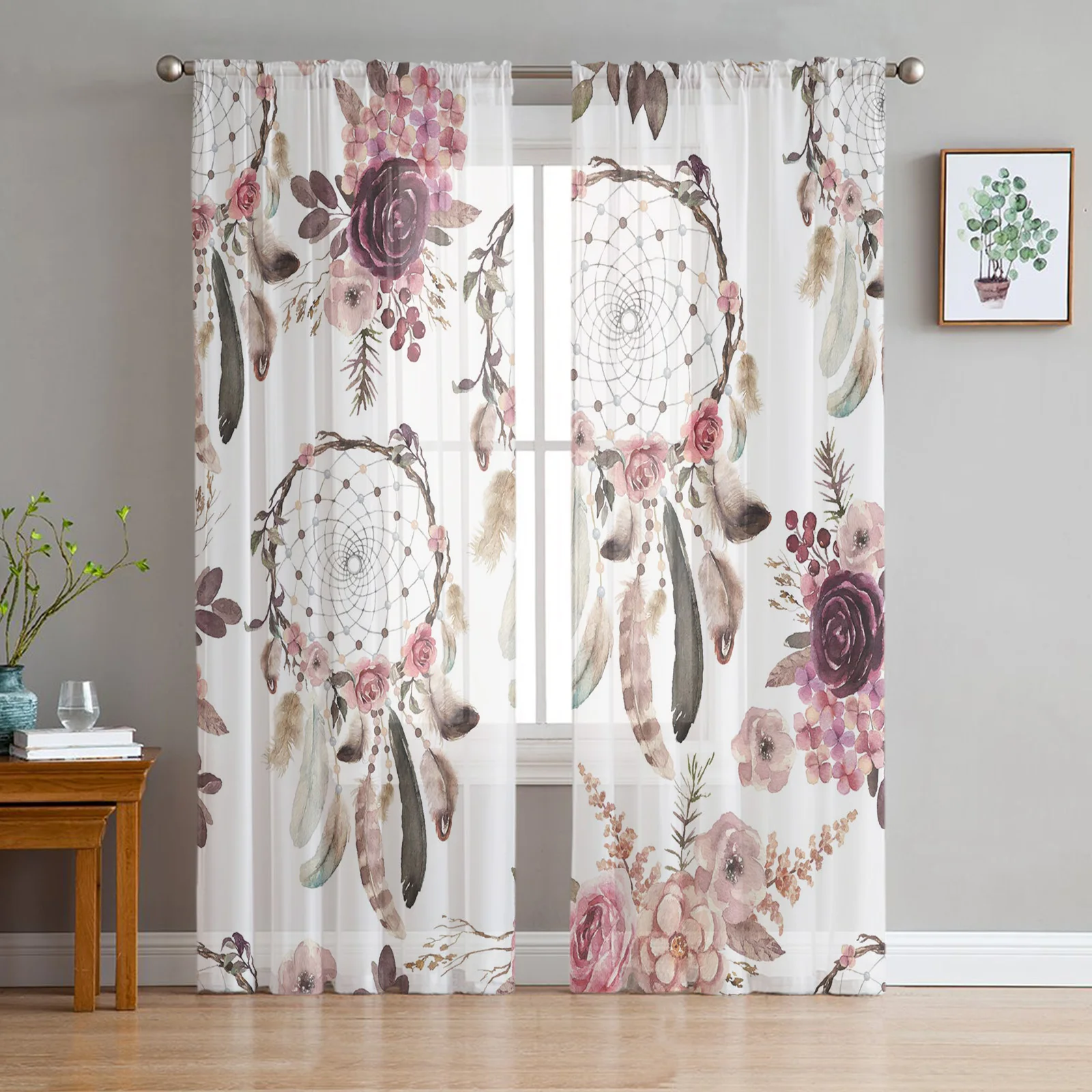 Flower Dream Catcher Leaf Modern Printed Tulle Curtains for Bedroom Balcony Window Decor Creative Fashion Home Sheer Curtain