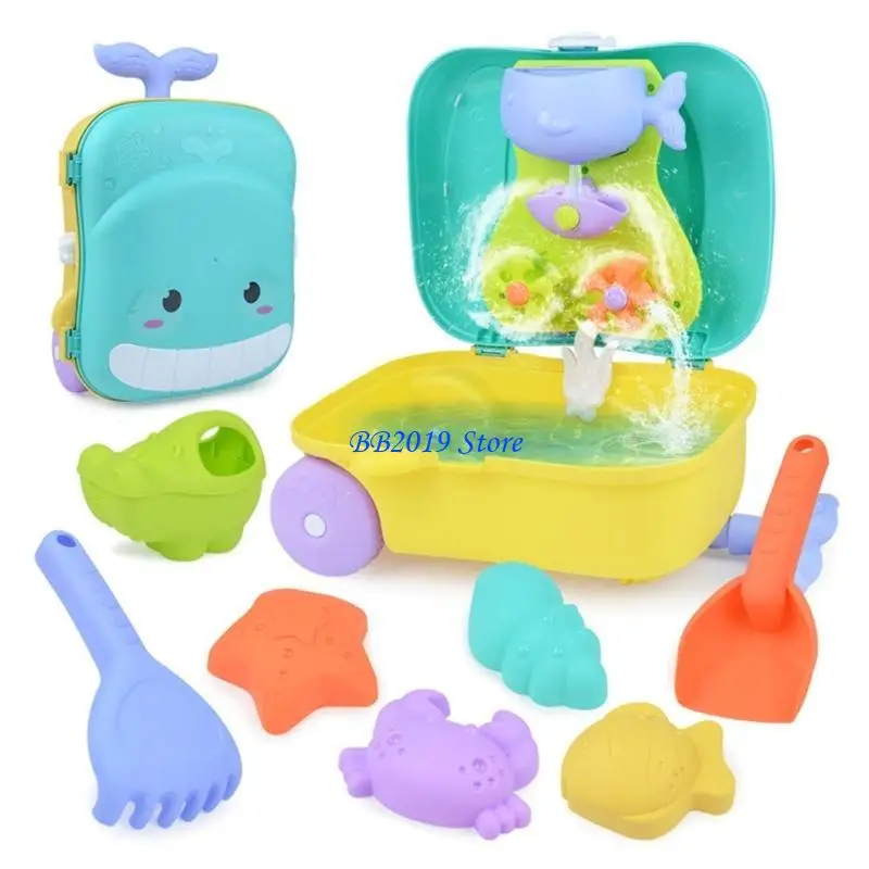 Q0KB Sand Toy Set with Trolley Case Including Water Wheel, Shovel, Rake, Molds