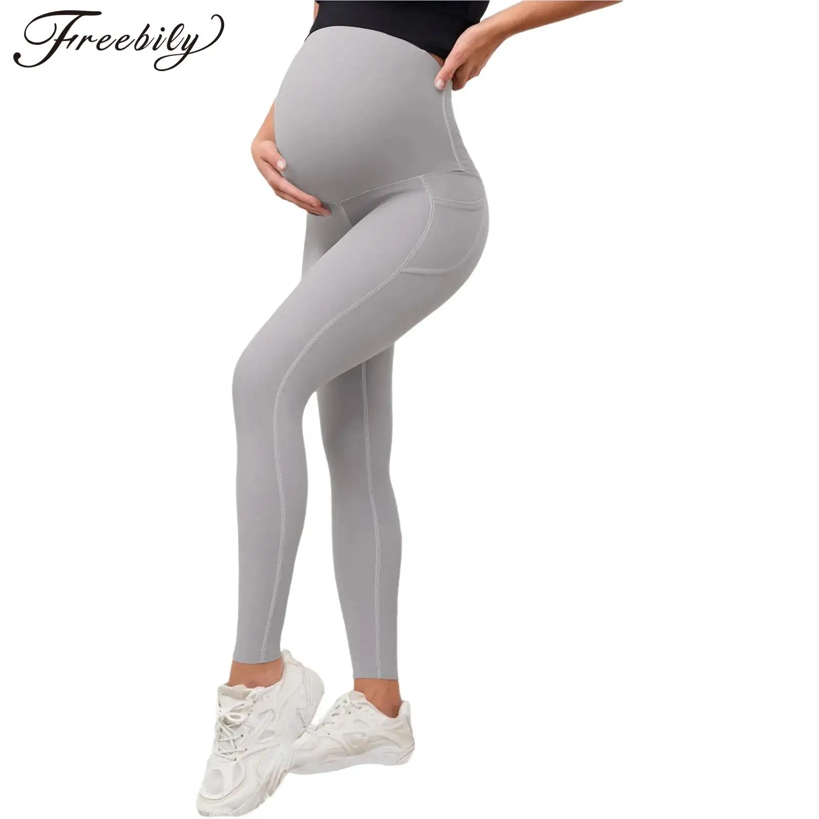 

Women's Maternity Workout Yoga Leggings Over The Belly Stretchy Casual Pants Tights with Pockets Pregnancy Clothes Sportswear
