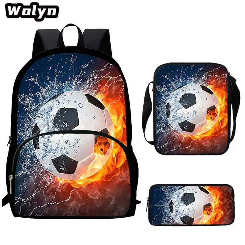 3Pcs Set Soccer 3D Print School Backpack with Shoulder Bags Pencil Case for Grade 1-3 Football Prints School Bags for Boys Girls