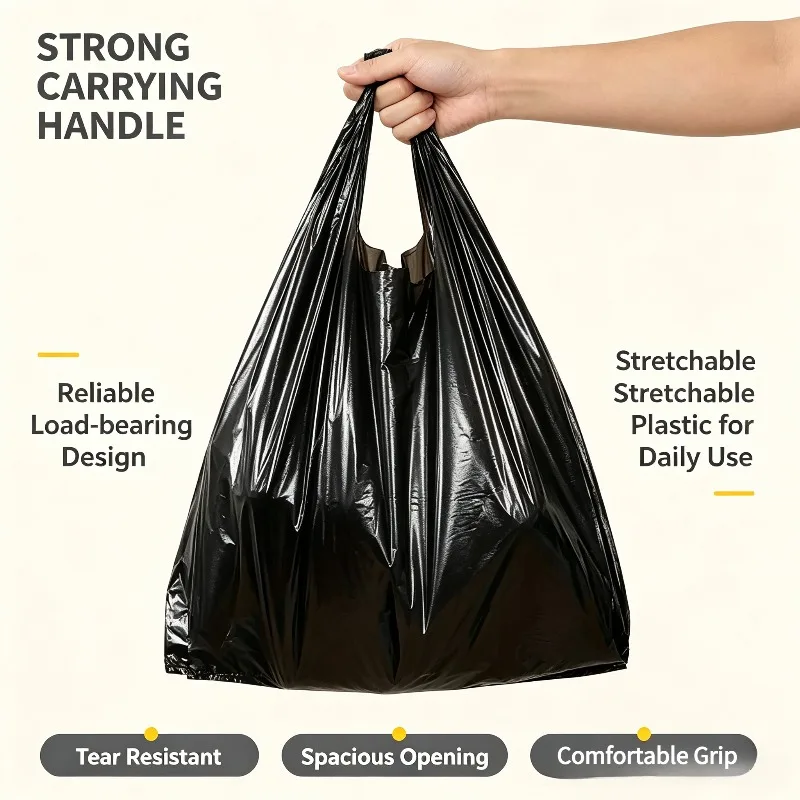 100Pcs Black Vest Handle Plastic Bags Disposable Multi‑purpose Carry Bags for Garbage Takeaway Packing Household Shopping