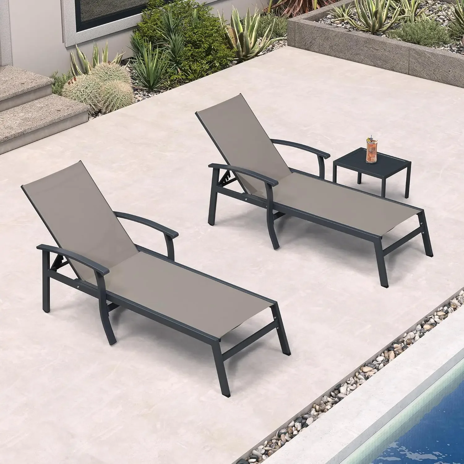 Chaise Lounge Chair Outdoor 2 Pieces Pool Lounge Chairs 5 Adjustable Position with Armrests and Side Table Aluminum