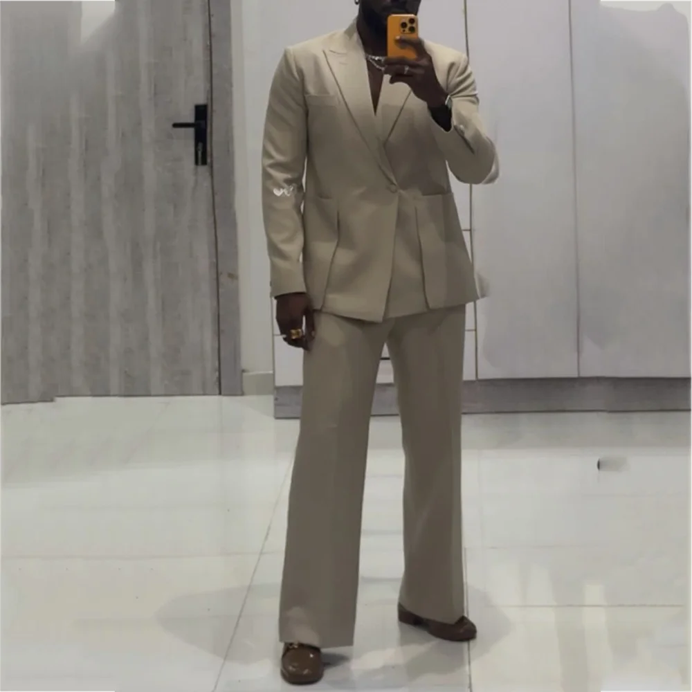 

Handsome Peaked Lapel Man Suits Model Single Button Fashion Jacket Straight Big Pockets Outfits New Autumn Male Clothing