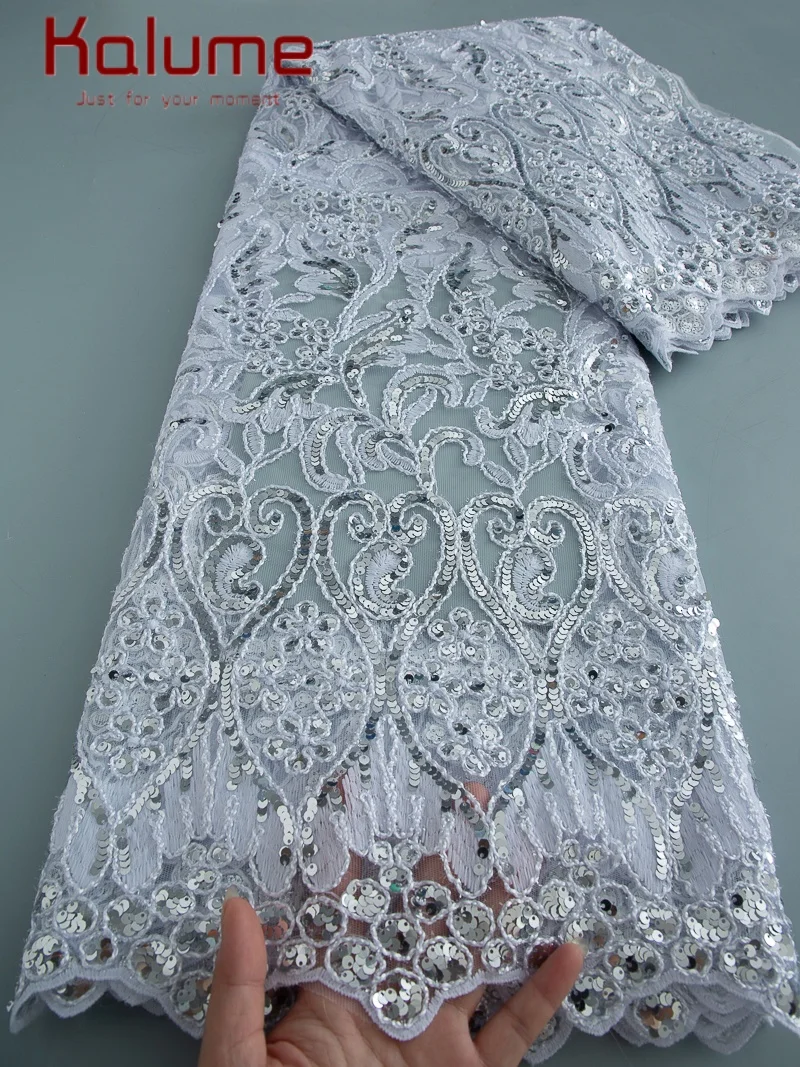 Kalume Afrikanische Tüll Net Spitze Stoff Hochzeit Weiße Spitze Pailletten Mesh Spitze Stoff Für Nähen Frauen Party Hochzeit Kleid F4527