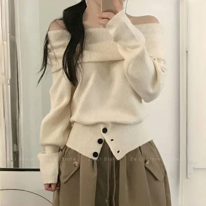 One-word Neck Sweater 2026 Autumn and Winter New Niche French Design Soft Waxy Comfortable Pullover Knitted Sweater Women