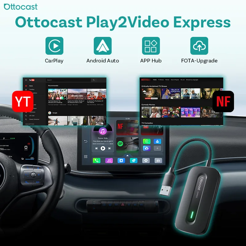Ottocast Play2Video Express Kabelloser CarPlay-Adapter für Auto AI Box 2026 Kabelloser CarPlay Android Auto Adapter mit YouTube Netflix Spotify IPTV |   5GHz WLAN Automatische Verbindung Ohne