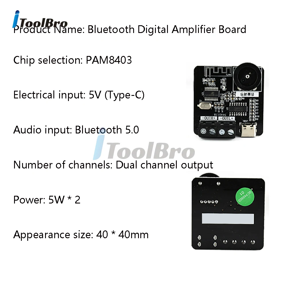 XH-A164 PAM8403 블루투스 5.0 디지털 파워 앰프 보드, 자동차 스피커 서브우퍼용 듀얼 채널 오디오 앰프, 5V C타입 5W + 5W