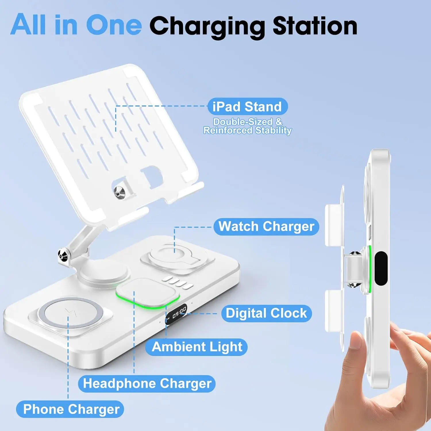 6-in-1 Wireless Charger for Apple (iPhone/Watch/AirPods/iPad) - with Clock, 7-Color Light, Foldable Rotatable Stand