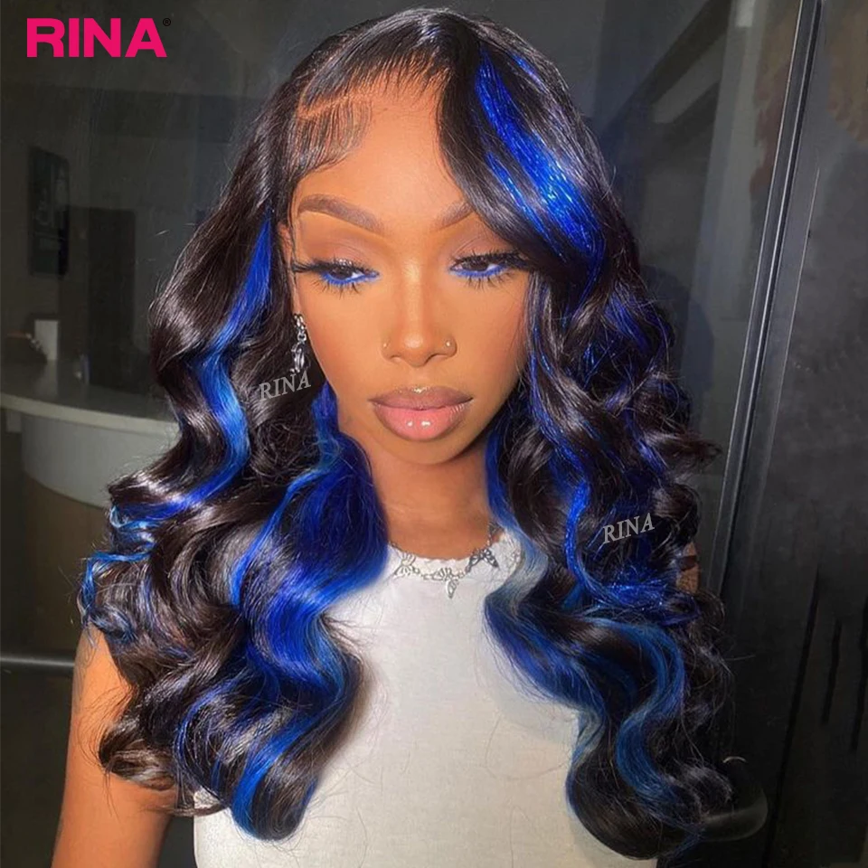 Highlight Blue Color Hair Body Wave Human Hair 13x4 Lace Front Wig High Quality Black And Blue Wig Lace Frontal Wig For Women