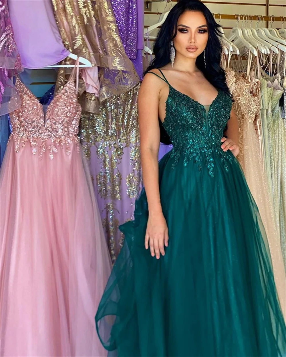 Robe de Soirée Vert Foncé Personnalisée, Tenue Formelle, Douce, Souvenir, Sexy, pour Hôte de Banquet, Bretelles Spaghetti, Tenue de Mariage, N129