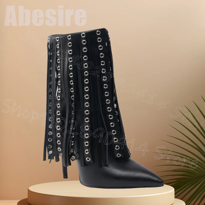 

Circle Design Black Tassels Pointed Toe Boots Side Zipper Women Shoes Thin High Heels New Party Banquet 2025 Zapatos Para Mujere