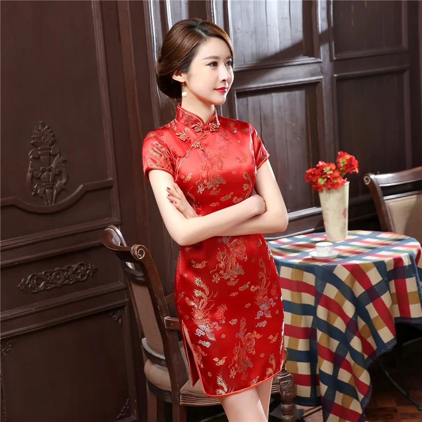 Cheongsam Dress Short SleeveIm Qipao Elegant Women Summer Dragon Phoenix Dresses Slim Dress Oversize 6XL