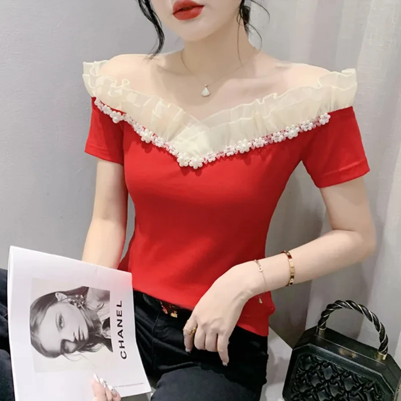 

High Quality Girl Short Sleeve Beading T-Shirt Fashion Luxury Ruffles Tops Summer Chic Sexy Off Shoulder Streetwear Female ZT33