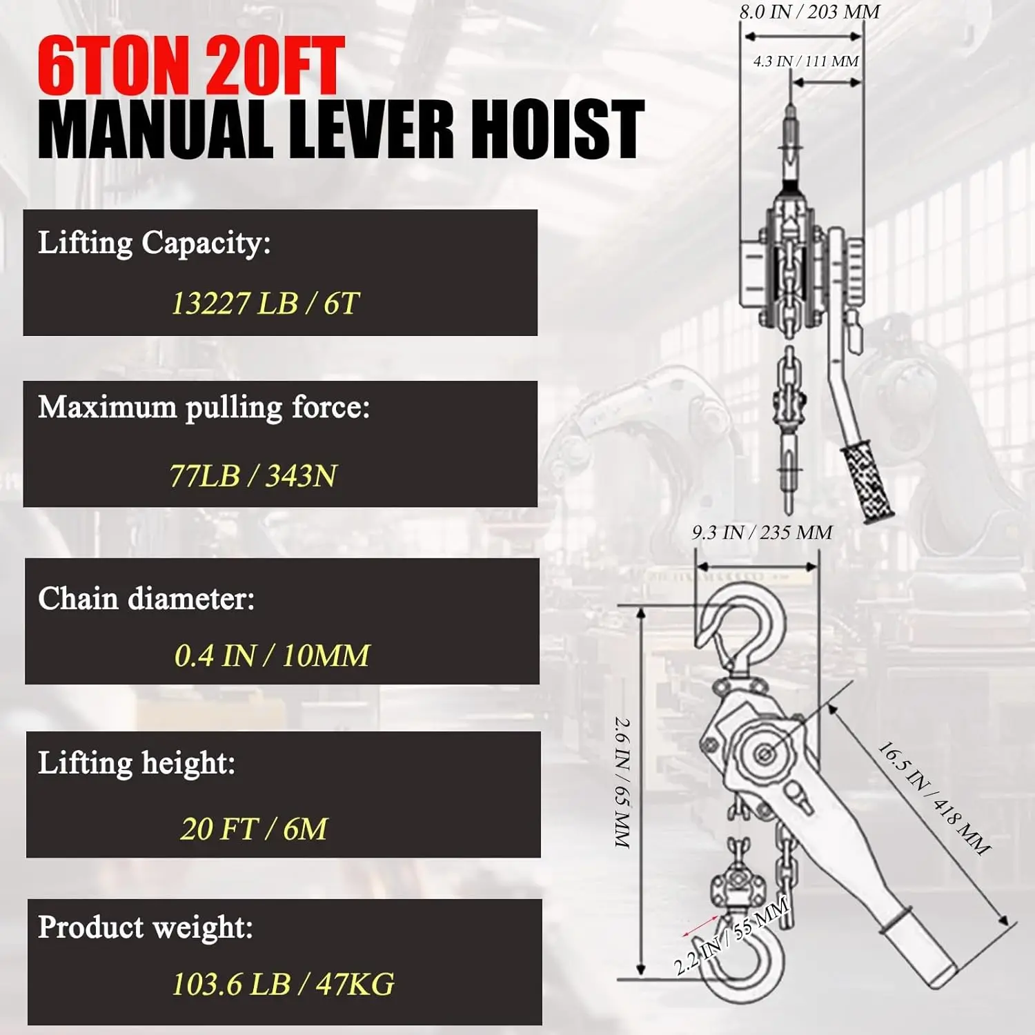 Manual Lever Hoist With 2 Heavy Duty Hooks,Double-Pawl Alloy Steel Brake Lever Block Chain Hoist, Ratchet Lever Hoist For Heavy