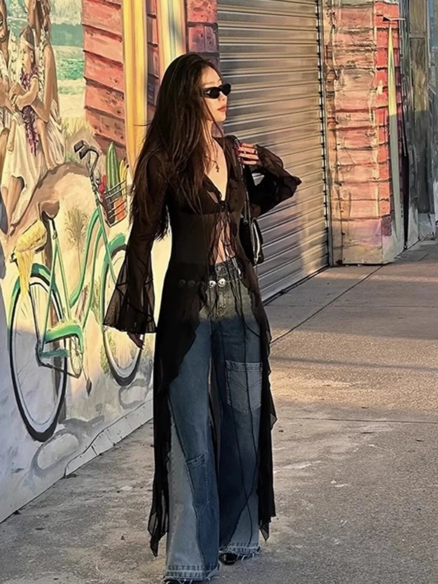 K Сексуальная девушка Прозрачный длинный кардиган с запахом Свека Тонкий легкий весенне-летний кружевной глазок Корейский Sle Commute Faion