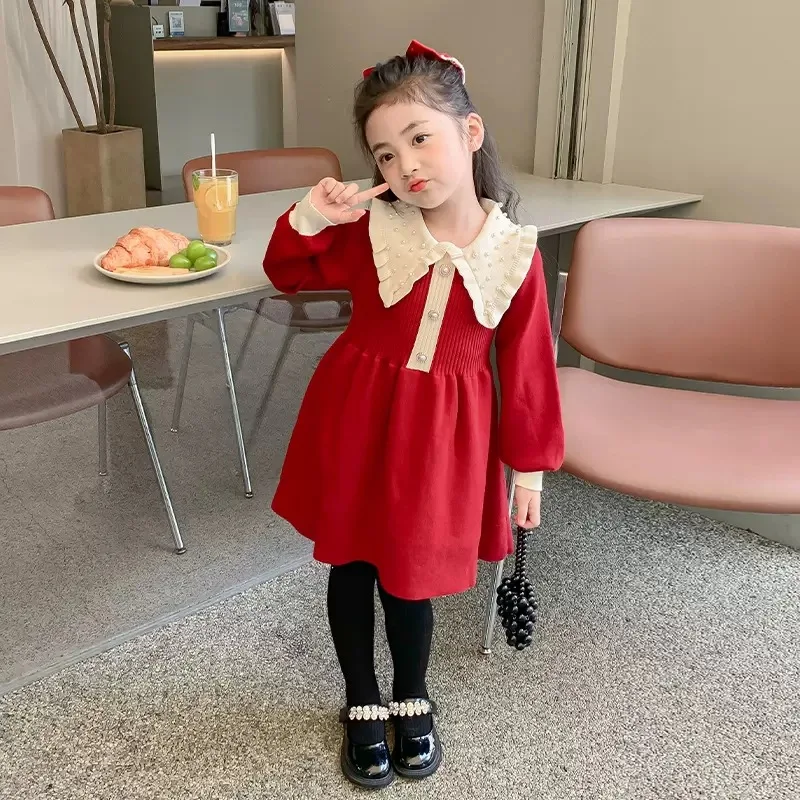 

Winter Girls Dress New Year red Girls 2-7Y Kids Princess Party Sweater Knitted Dresses Christmas Costume Baby Girl Clothes