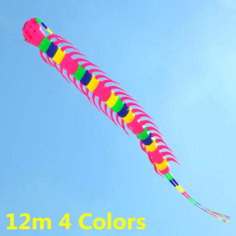 

free shipping 12m centipede kite large soft kite flying string line 4color cometas de viento parapente linha de pipa de voar koi