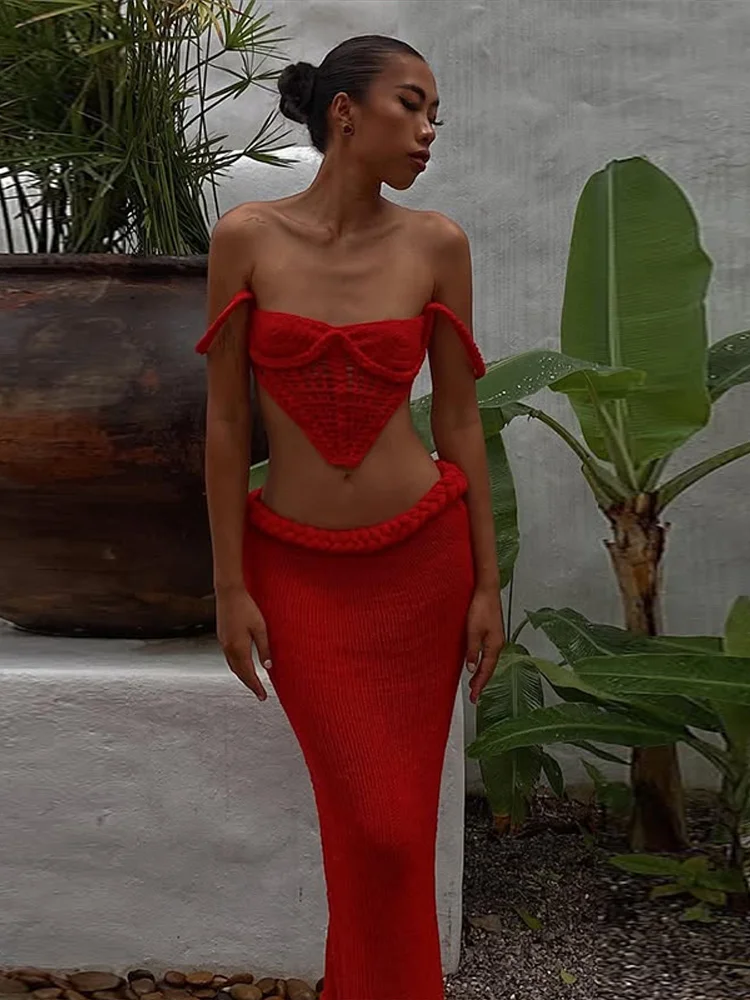 여성용 캐주얼 니트 투피스 세트, 우아한 민소매 백리스 크롭탑, 힙패키지 롱 스커트, 시크한 단색 숙녀 홀리데이 세트