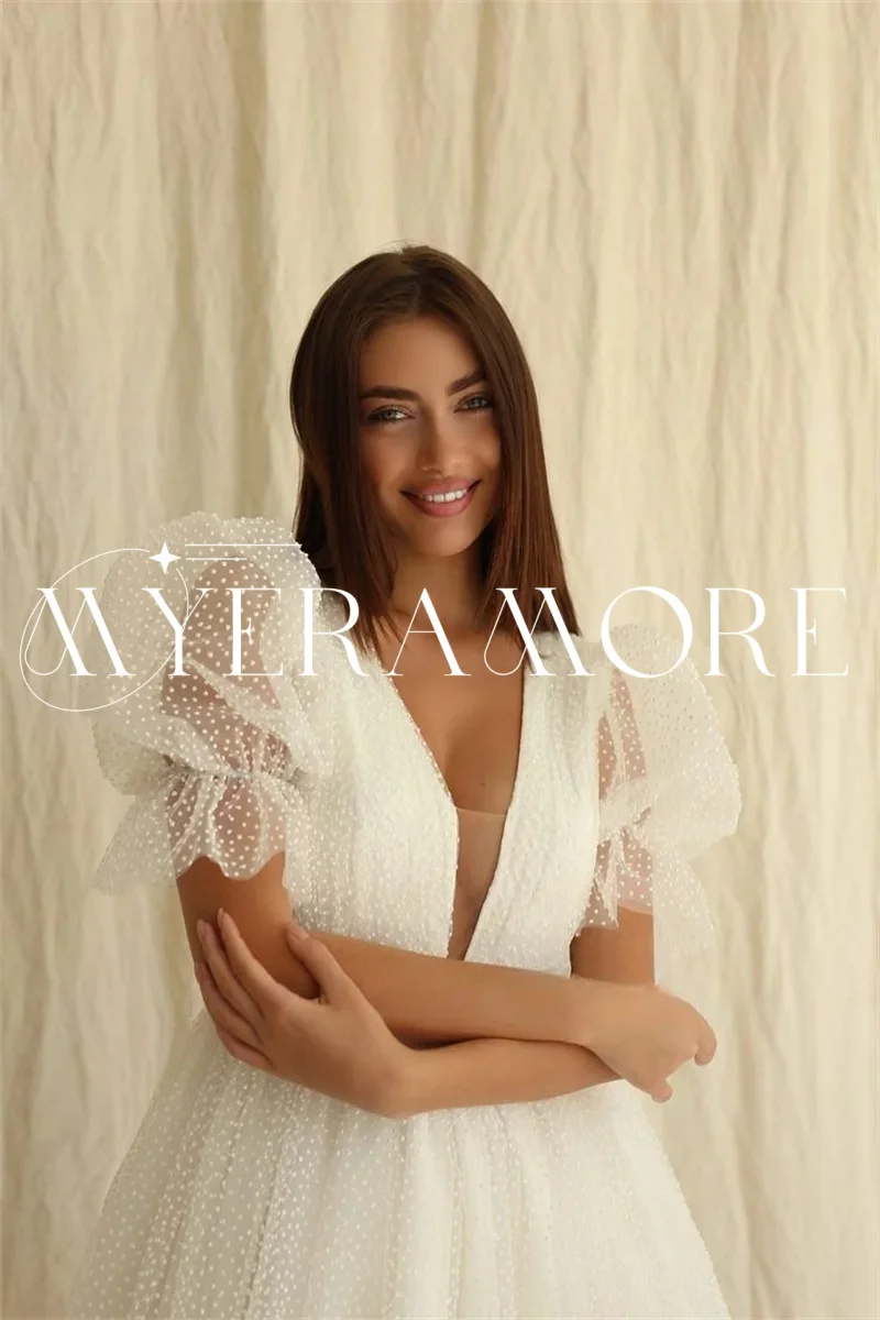 Fashion White Tulle Wedding Dresses for Women V Neck Puff Sleeves A Line Backless Short Bride Dress Customized vestidos de novia