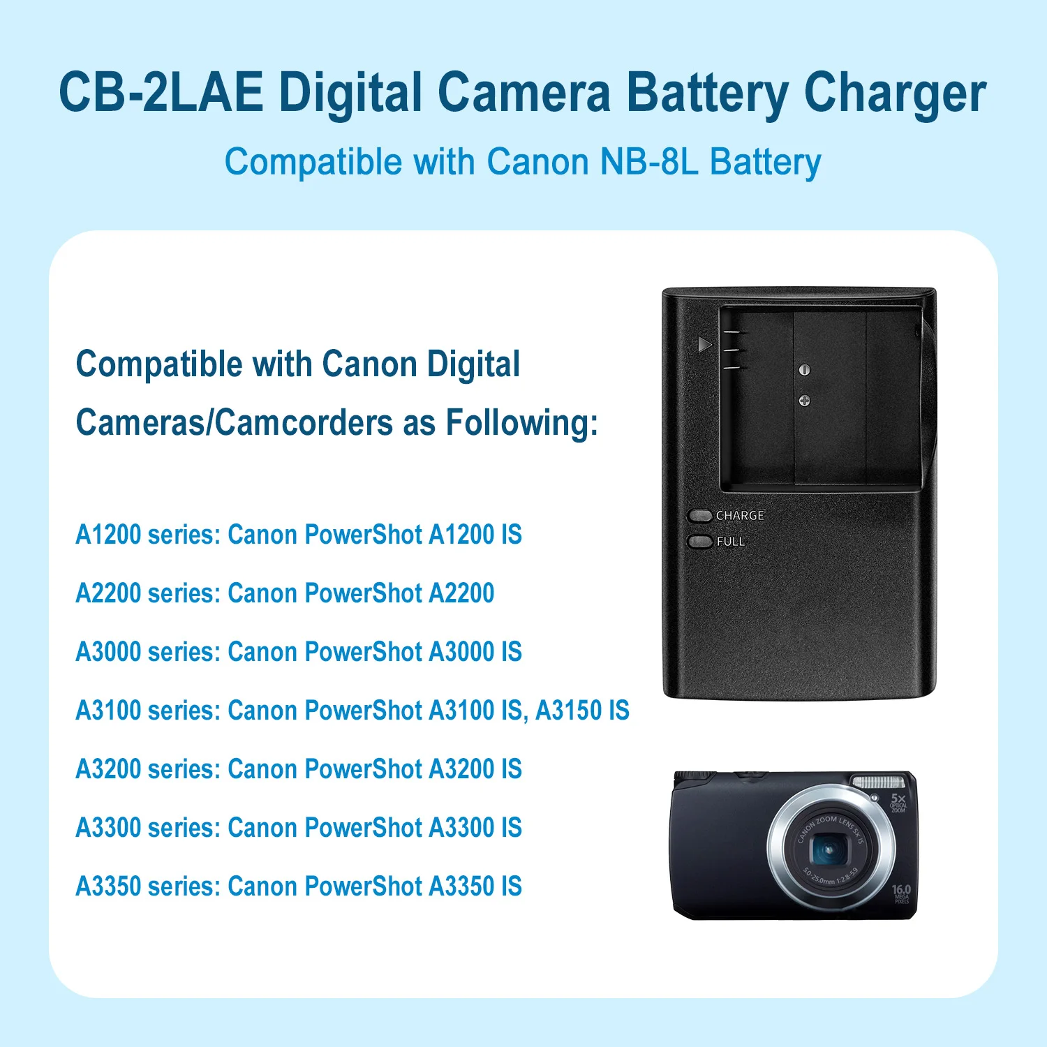 CB-2LAE Batterieladegerät für Canon NB-8L - Kompatibel mit den Kameras PowerShot A3000 IS, A2200, A3100 IS, A3200 IS, A3300 IS – Detail 3