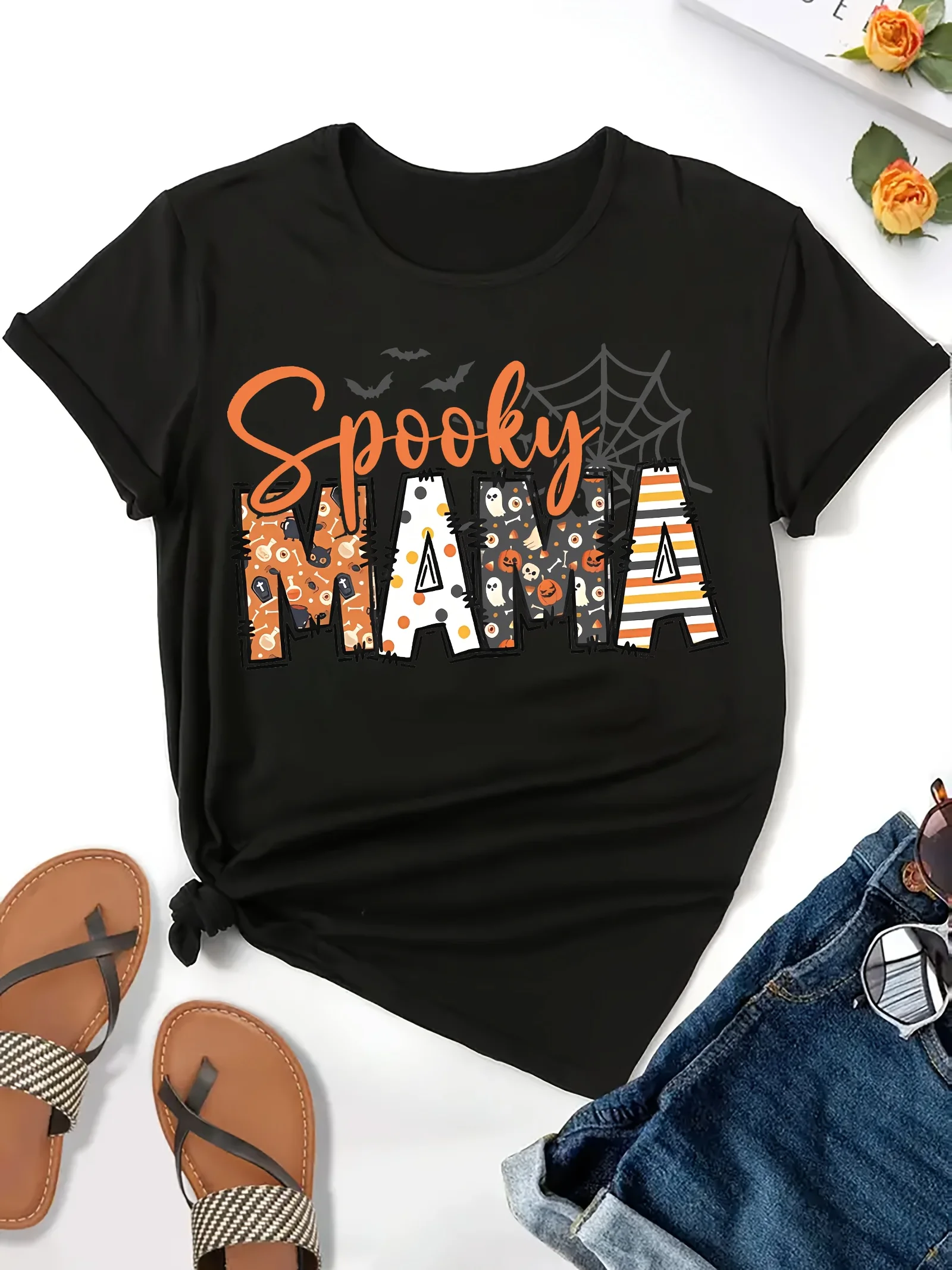 Spooky Mama Halloween Graphic Women's Casual Crew Neck Short Sleeve Spider Web Bat Design Perfect for Spring Casual Wear