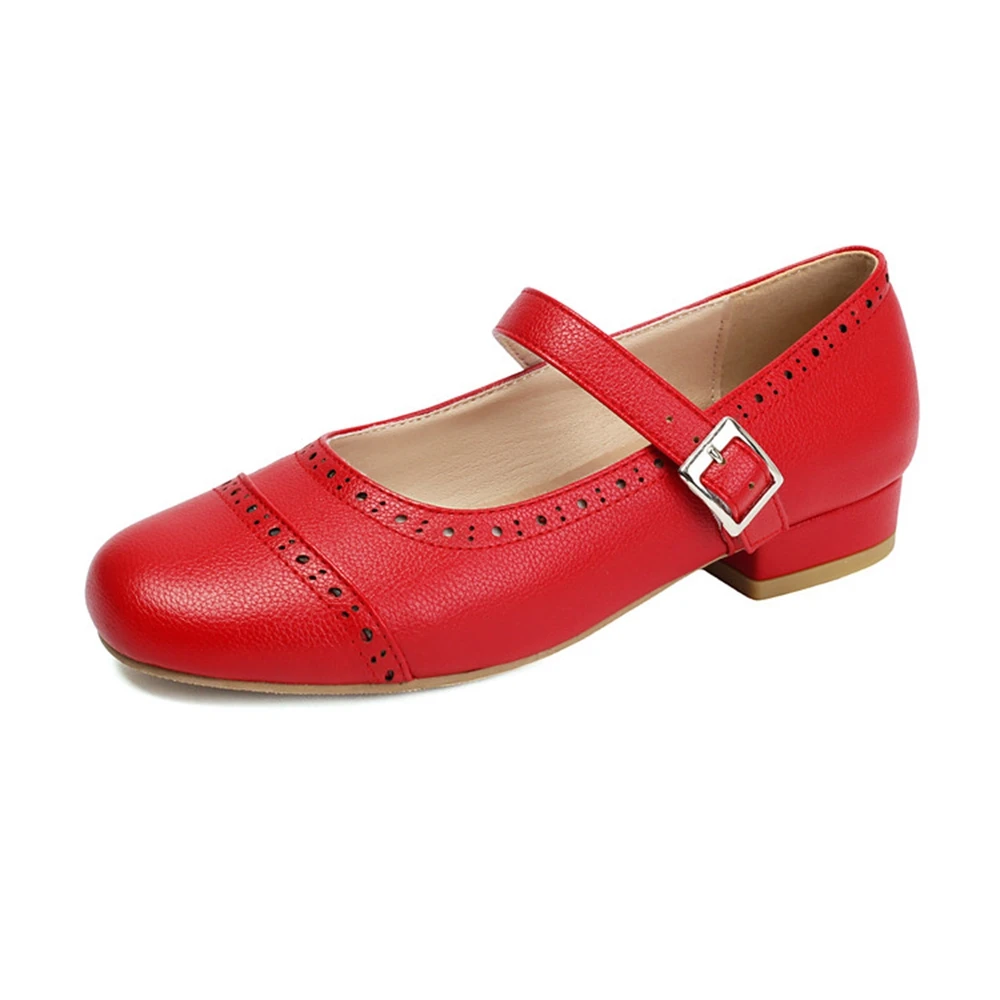 

Women Mary Jane Shoes Low Heel Buckle Strap Pumps Round Toe Comfort Flat Heel Shoes Plus Size 34-48 White Black Red Pink F8-2