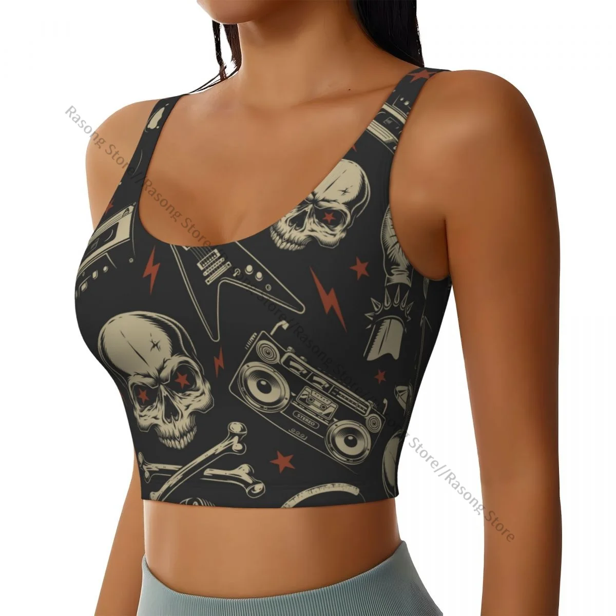 Sports Bra Women Running Yoga Clothes Vest Skull Musical Electric Guitar And Cassette Gathering Fitness Vest