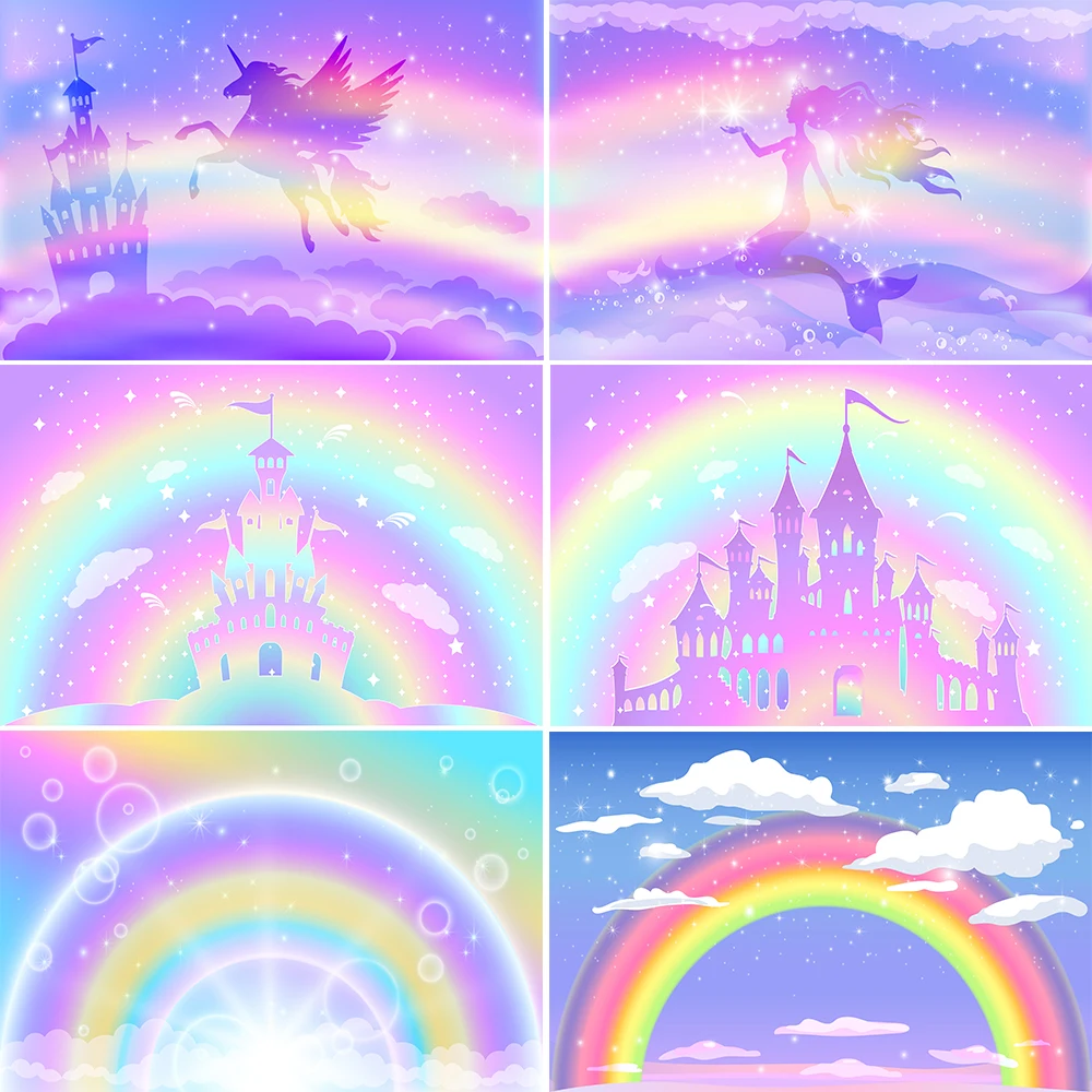 Fantasia Mágico Arco-íris Estrelas Espumantes Fotografia Fundos, Crianças Aniversário Decoração Banner, Photo Booth Cenários, Meninas