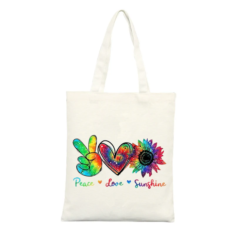 Canvas Tote Bag with Peace Sign, Heart and Sunflower Pattern, Ideal for Casual Outings and Summer Shopping